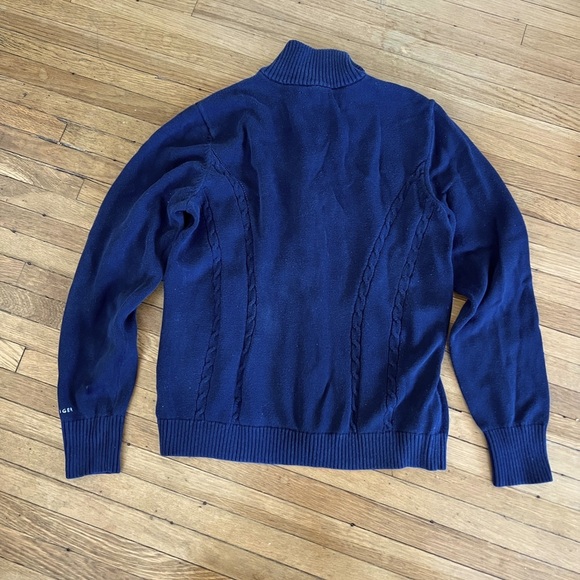 Tommy Hilfiger Blue Cable Knit Full Zip Mock Neck Sweater | Large - Picture 2 of 3
